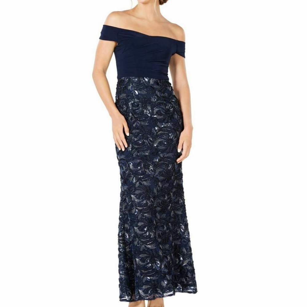Adrianna Papell Soutache Long Dress Midnight Blue